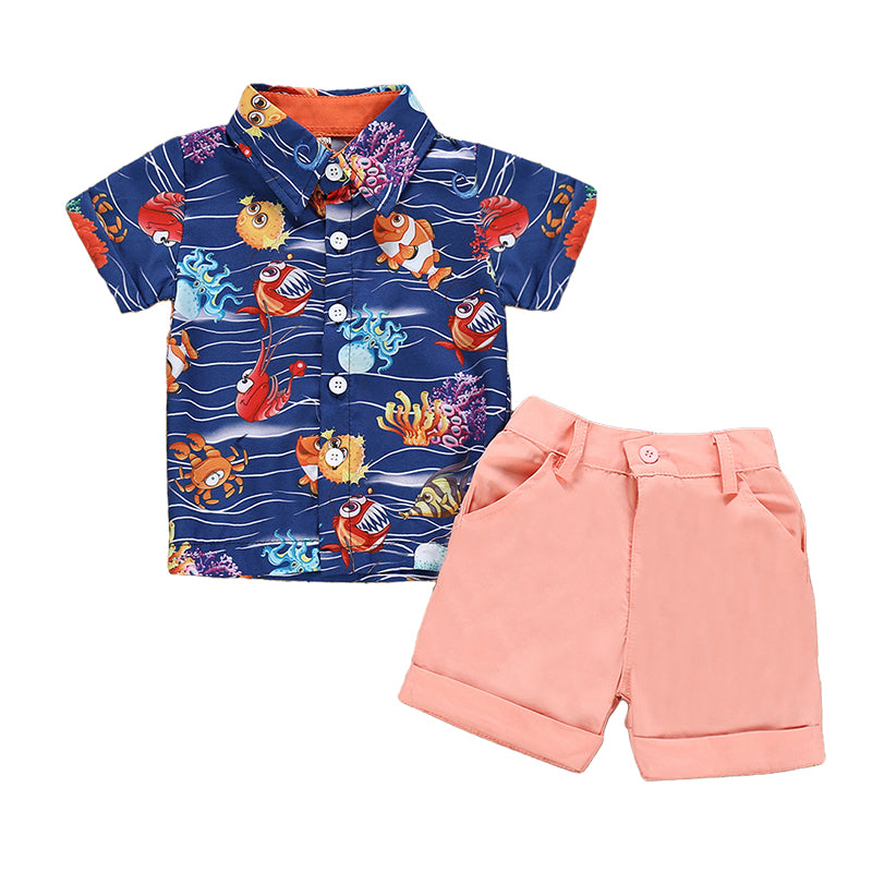 2 Pieces Set Baby Kid Boys Animals Print Shirts And Solid Color Shorts Wholesale 22042591