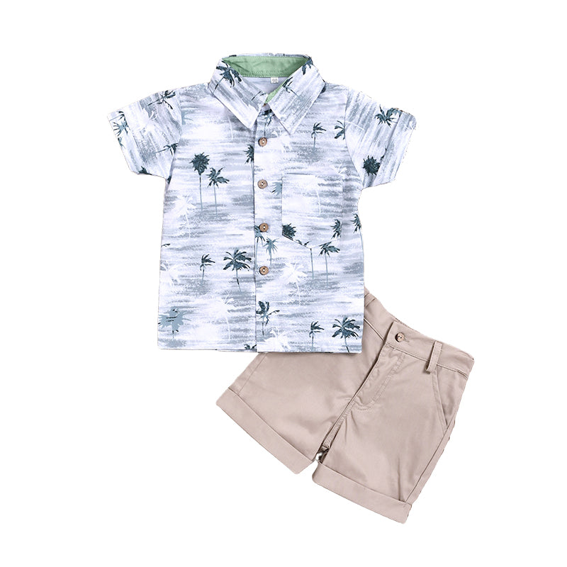 2 Pieces Set Baby Kid Boys Beach Tropical Plant Shirts And Solid Color Shorts Wholesale 22042593