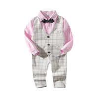 Load image into Gallery viewer, 3 Pieces Set Baby Kid Boys Dressy Birthday Party Solid Color Bow Shirts And Checked Vests Waistcoats And Pants Wholesale 22042596
