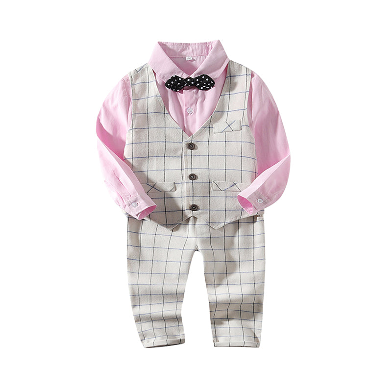 3 Pieces Set Baby Kid Boys Dressy Birthday Party Solid Color Bow Shirts And Checked Vests Waistcoats And Pants Wholesale 22042596
