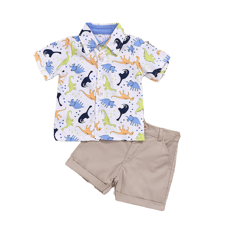 2 Pieces Set Baby Kid Boys Dinosaur Print Shirts And Solid Color Shorts Wholesale 22042597