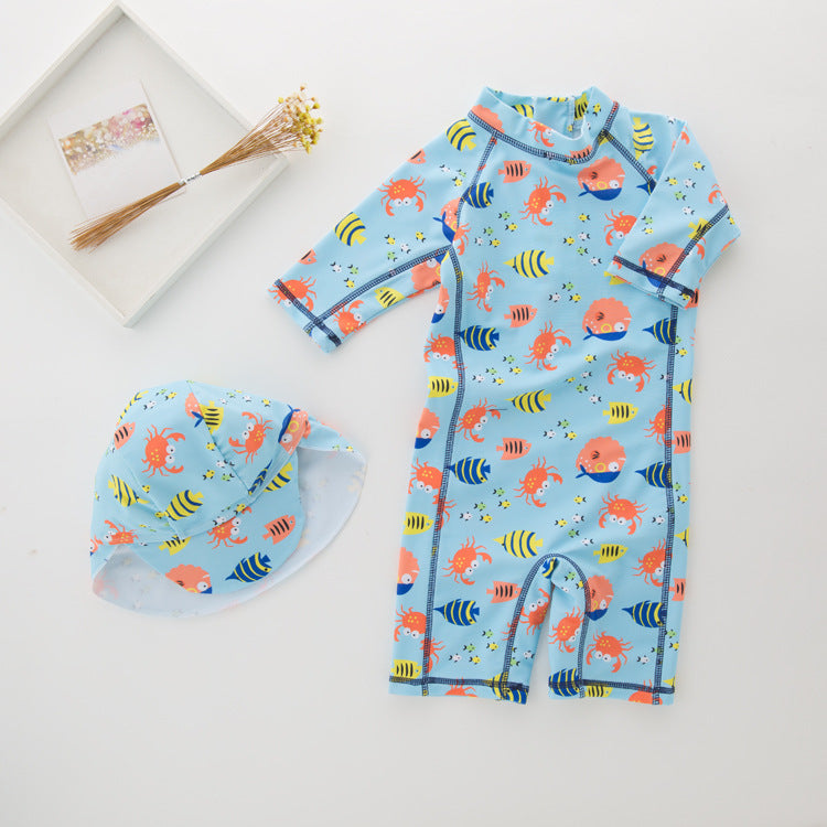 2 Pieces Set Kid Boys Beach Animals Cartoon Print Jumpsuits And Swimwears Hats Wholesale 22042911