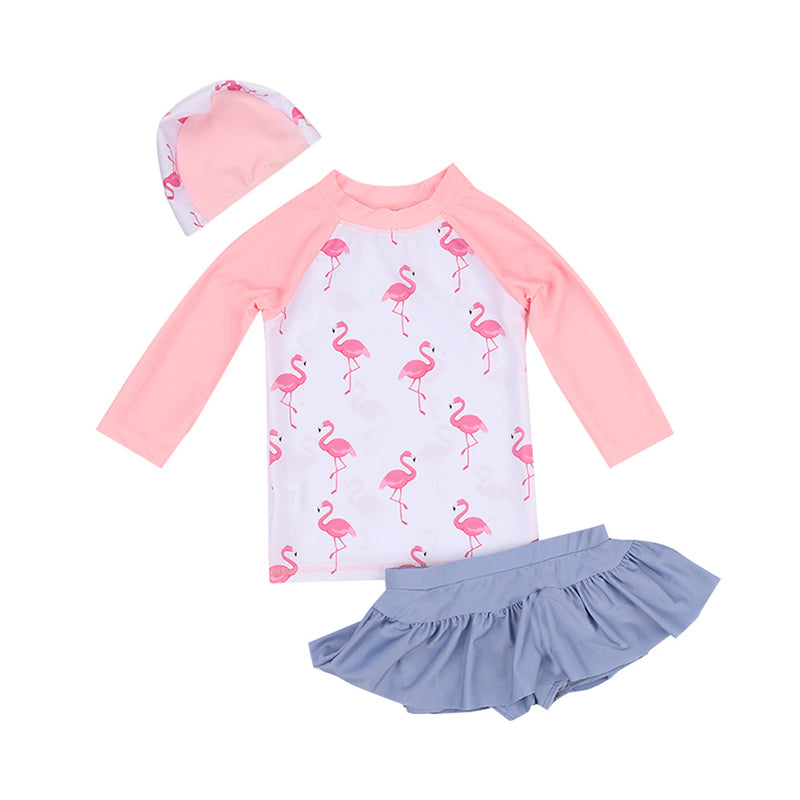 3 Pieces Set Baby Kid Girls Color-blocking Flamingo Print Tops And Solid Color Shorts And Swimwears Hats Wholesale 22042912