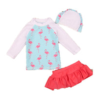 Load image into Gallery viewer, 3 Pieces Set Baby Kid Girls Color-blocking Flamingo Print Tops And Solid Color Shorts And Swimwears Hats Wholesale 22042912
