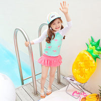 Load image into Gallery viewer, 3 Pieces Set Baby Kid Girls Color-blocking Flamingo Print Tops And Solid Color Shorts And Swimwears Hats Wholesale 22042912

