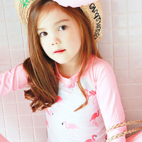 Load image into Gallery viewer, 3 Pieces Set Baby Kid Girls Color-blocking Flamingo Print Tops And Solid Color Shorts And Swimwears Hats Wholesale 22042912
