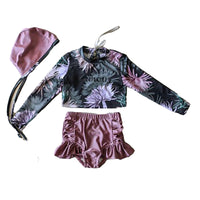 Load image into Gallery viewer, 3 Pieces Set Baby Kid Girls Beach Letters Flower Print Tops And Plant Shorts And Hats Swimwears Wholesale 22042918
