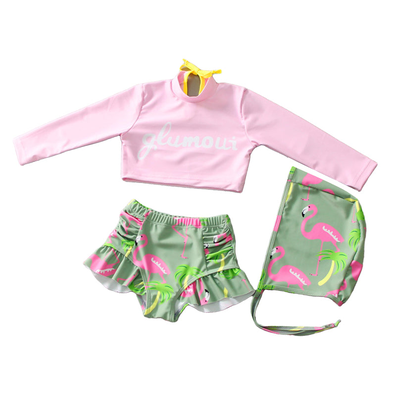 3 Pieces Set Baby Kid Girls Beach Letters Flower Print Tops And Plant Shorts And Hats Swimwears Wholesale 22042918