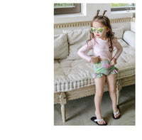 Load image into Gallery viewer, 3 Pieces Set Baby Kid Girls Beach Letters Flower Print Tops And Plant Shorts And Hats Swimwears Wholesale 22042918
