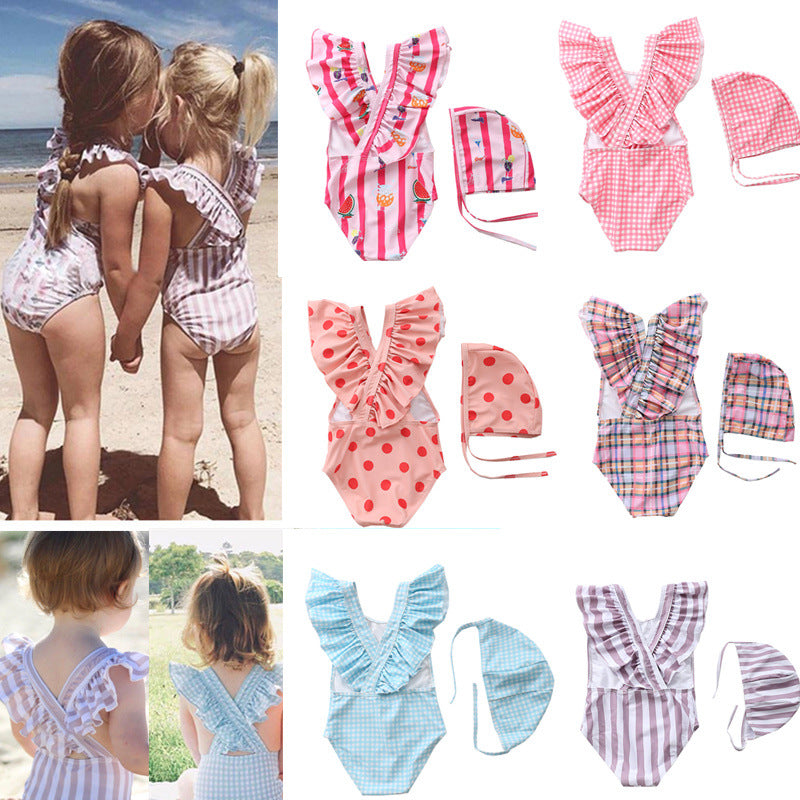 Girls Striped Fruit Checked Print Beach Swimwears Wholesale 22042948