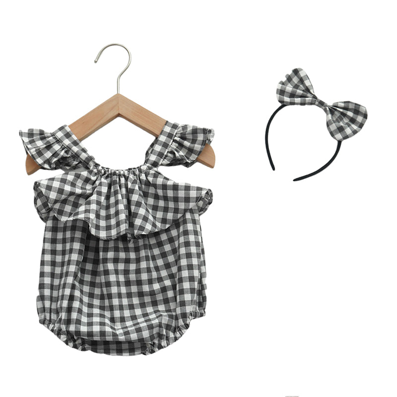 Baby Girls Fruit Checked Print Rompers And Accessories Headwear Wholesale 220429547
