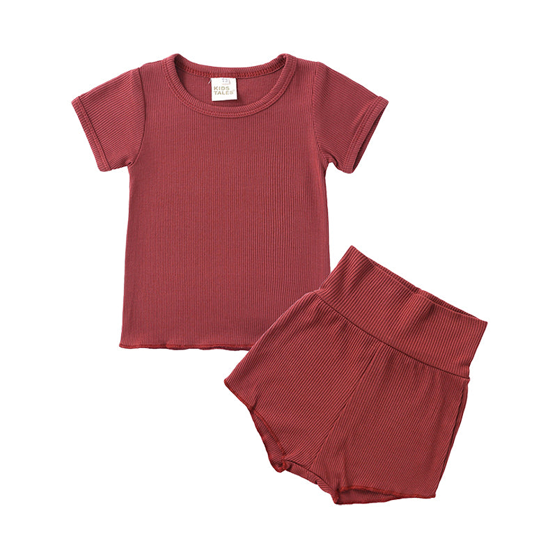 2 Pieces Set Baby Kid Unisex Solid Color Muslin&Ribbed T-Shirts And Shorts Sleepwears Wholesale 048612001