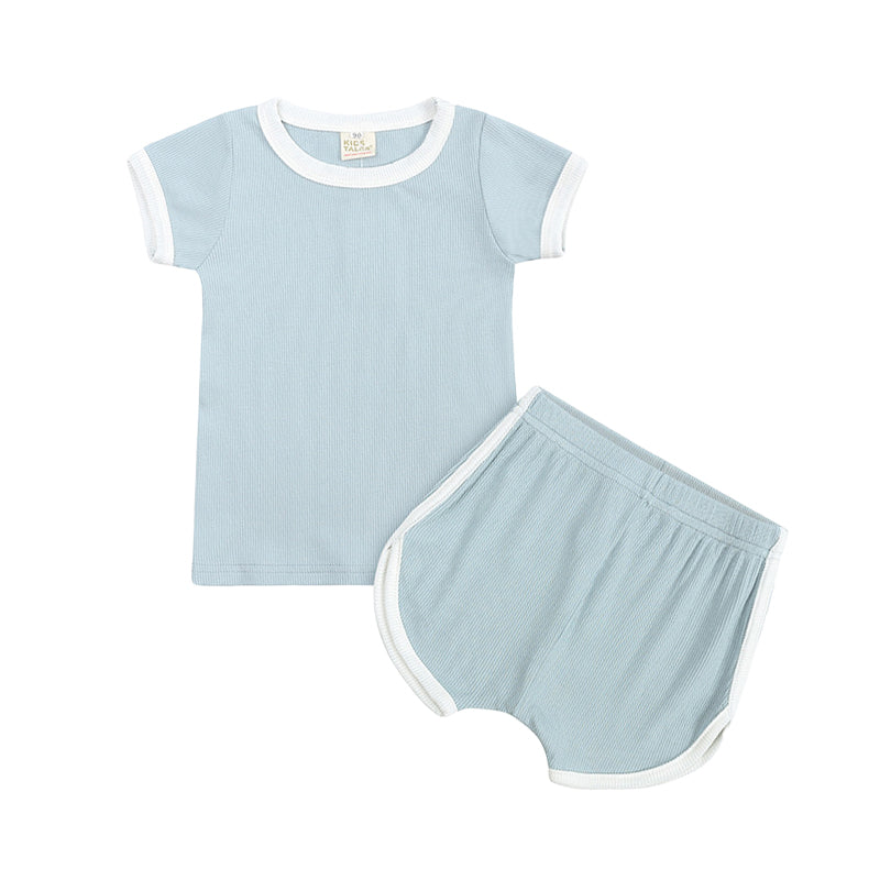 2 Pieces Set Baby Kid Unisex Solid Color Muslin&Ribbed T-Shirts And Shorts Sleepwears Wholesale 22042965