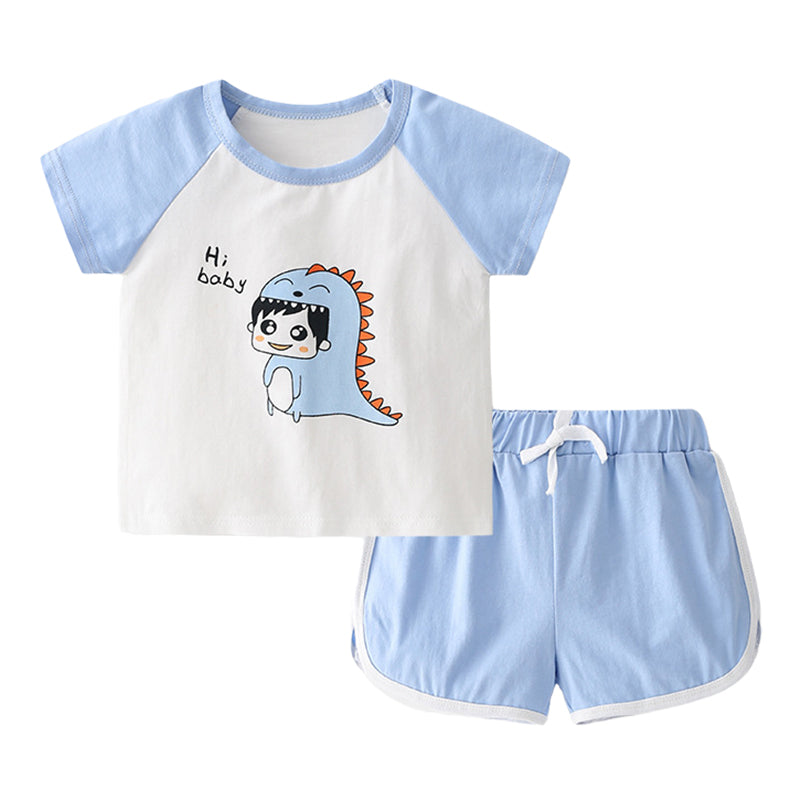 2 Pieces Set Baby Kid Unisex Cartoon Print T-Shirts And Solid Color Shorts Wholesale 22042998