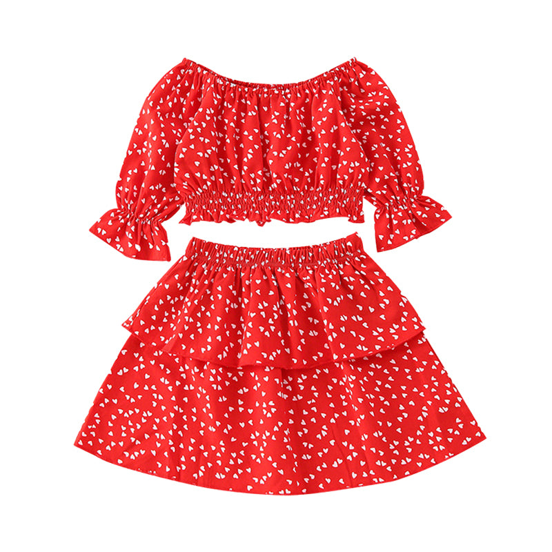 2 Pieces Set Baby Kid Girls Valentine's Day Love heart Tops And Skirts Wholesale 220505142