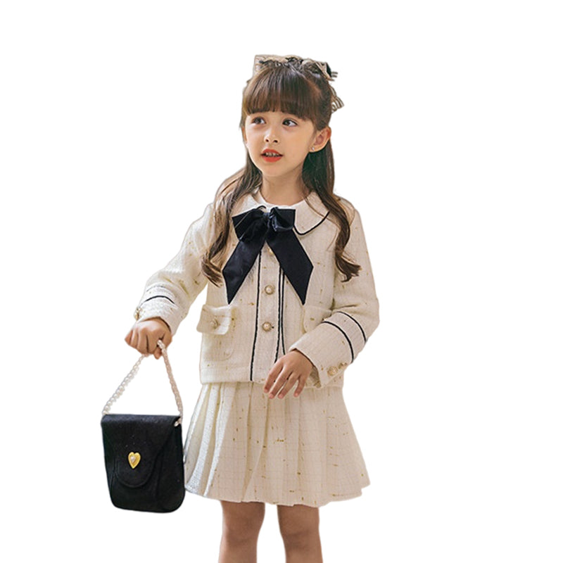 2 Pieces Set Kid Big Kid Girls Bow Jackets Outwears And Solid Color Skirts Wholesale 220505147