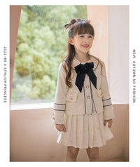 Load image into Gallery viewer, 2 Pieces Set Kid Big Kid Girls Bow Jackets Outwears And Solid Color Skirts Wholesale 220505147
