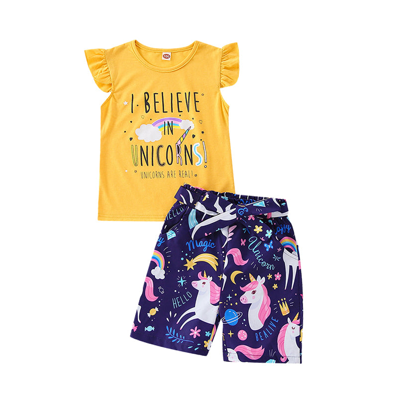 2 Pieces Set Baby Kid Girls Letters Rainbow Print T-Shirts And Unicorn Shorts Wholesale 220505148