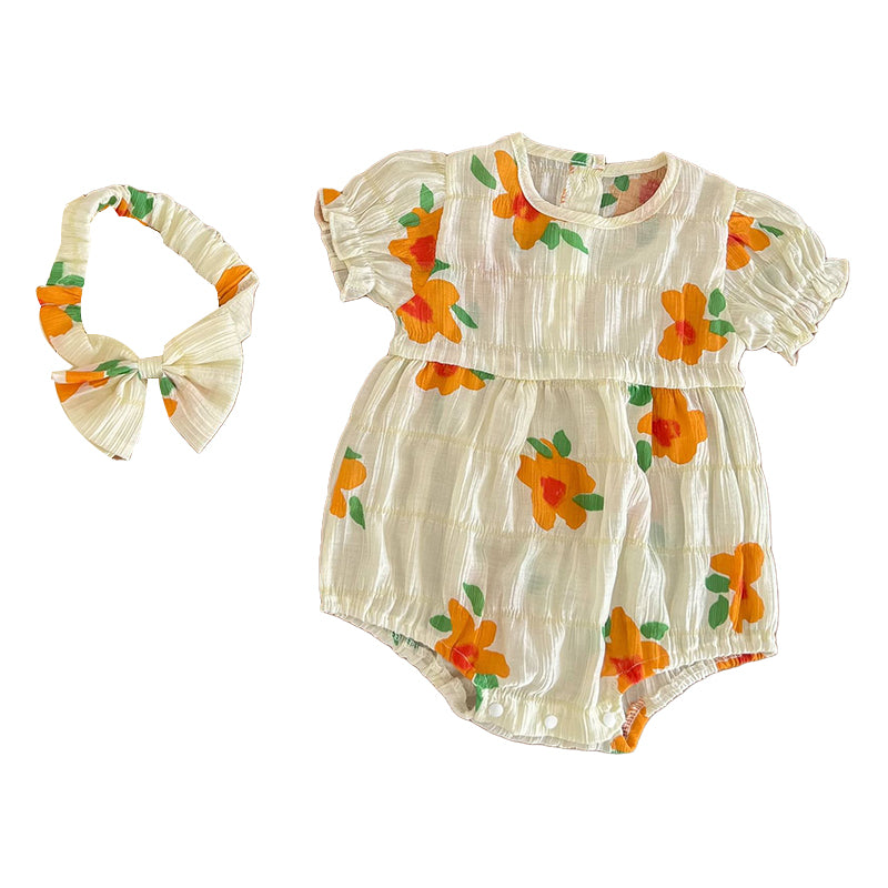 Baby Kid Girls Flower Print Rompers And Dresses Headwear Wholesale 220505418