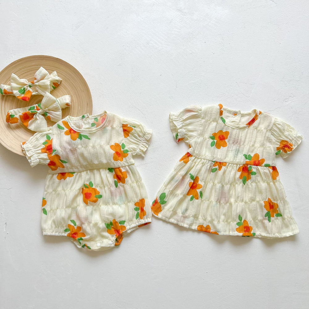 Baby Kid Girls Flower Print Rompers And Dresses Headwear Wholesale 220505418