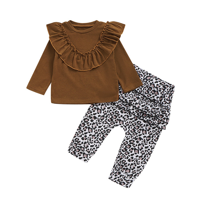 2 Pieces Set Baby Kid Girls Solid Color Tops And Leopard Pants Wholesale 220510104