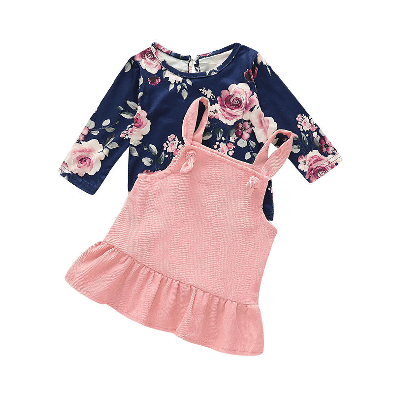 2 Pieces Set Baby Kid Girls Flower Print Tops And Solid Color Dresses Wholesale 220510105