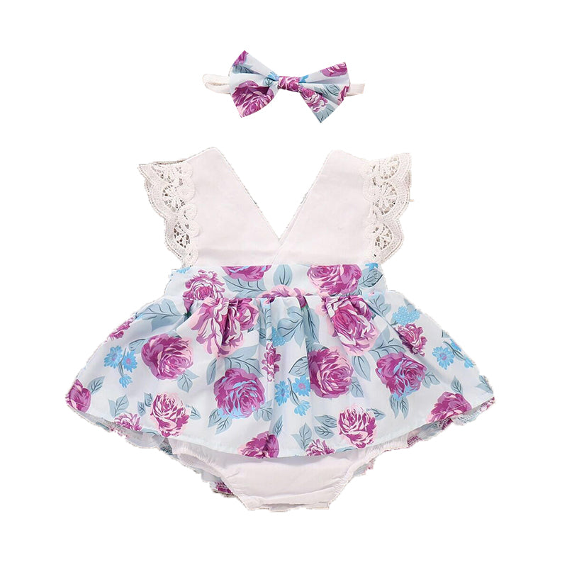 Baby Girls Flower Print Rompers And Bow Accessories Headwear Wholesale 220510106