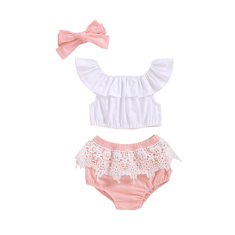 3 Pieces Set Baby Girls Solid Color Tops And Shorts And Headwear Wholesale 220510110