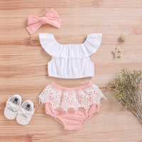 Load image into Gallery viewer, 3 Pieces Set Baby Girls Solid Color Tops And Shorts And Headwear Wholesale 220510110
