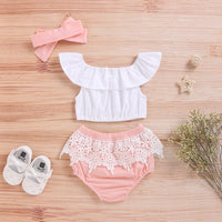 Load image into Gallery viewer, 3 Pieces Set Baby Girls Solid Color Tops And Shorts And Headwear Wholesale 220510110
