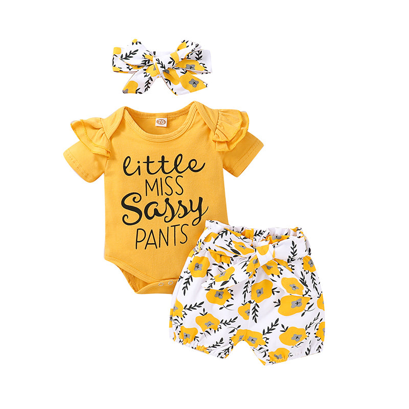 3 Pieces Set Baby Girls Letters Print Rompers And Flower Shorts And Bow Headwear Wholesale 220510112