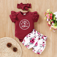 Load image into Gallery viewer, 3 Pieces Set Baby Girls Letters Print Rompers And Flower Shorts And Bow Headwear Wholesale 220510113
