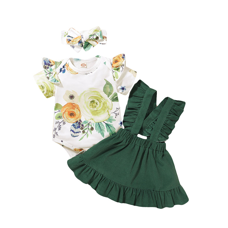 3 Pieces Set Baby Girls Flower Print Tops And Solid Color Skirts And Bow Headwear Wholesale 220510114