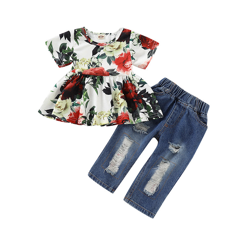 2 Pieces Set Baby Kid Girls Flower Print Tops And Ripped Jeans Wholesale 220510115