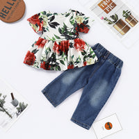 Load image into Gallery viewer, 2 Pieces Set Baby Kid Girls Flower Print Tops And Ripped Jeans Wholesale 220510115
