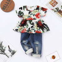 Load image into Gallery viewer, 2 Pieces Set Baby Kid Girls Flower Print Tops And Ripped Jeans Wholesale 220510115
