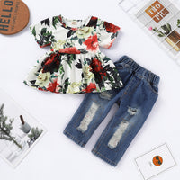 Load image into Gallery viewer, 2 Pieces Set Baby Kid Girls Flower Print Tops And Ripped Jeans Wholesale 220510115
