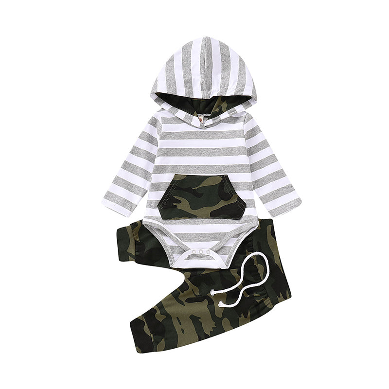 2 Pieces Set Baby Boys Striped Print Rompers And Camo Pants Wholesale 220510116