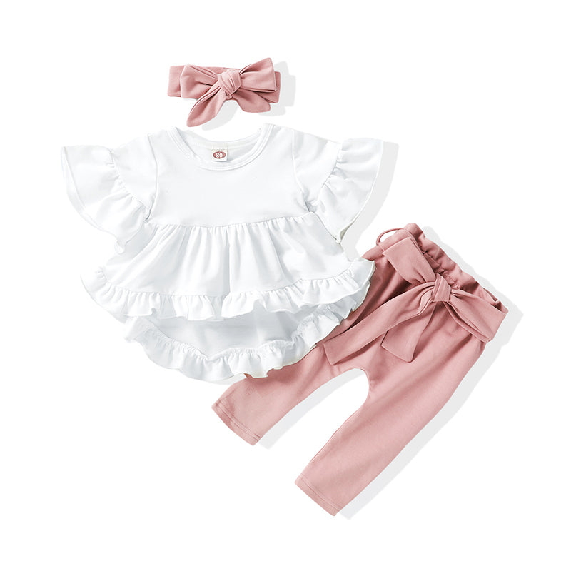 3 Pieces Set Baby Kid Girls Solid Color Bow Pants Tops And Headwear Wholesale 220510118