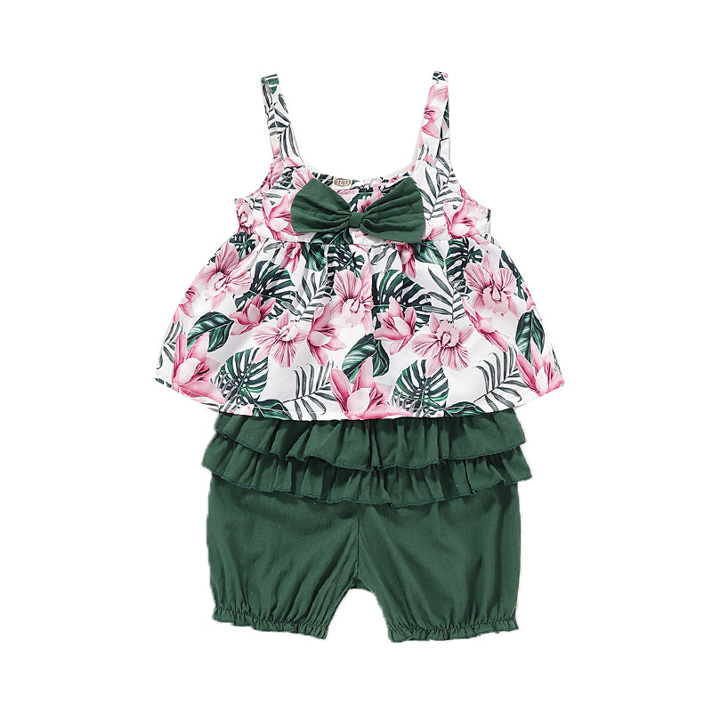 2 Pieces Set Baby Kid Girls Flower Bow Print Tops And Solid Color Shorts Wholesale 220510122