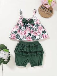 Load image into Gallery viewer, 2 Pieces Set Baby Kid Girls Flower Bow Print Tops And Solid Color Shorts Wholesale 220510122
