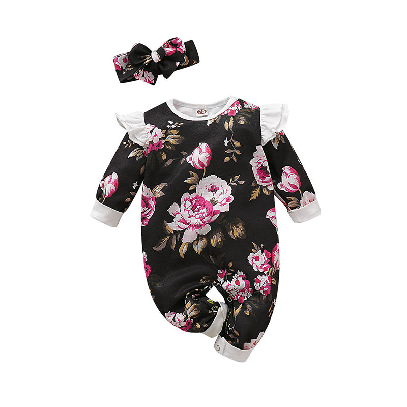 Baby Girls Flower Print Jumpsuits Headwear Wholesale 220510125