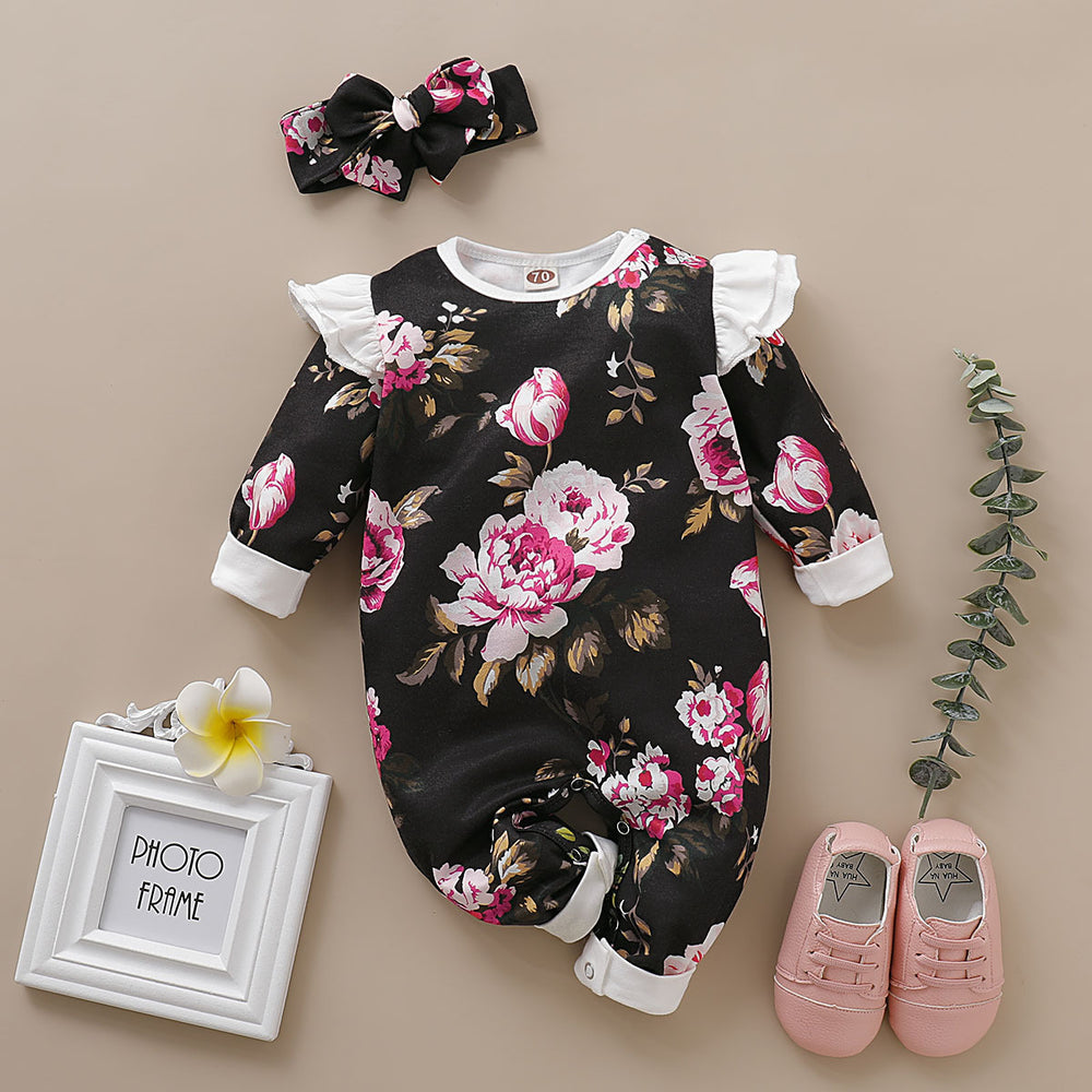 Baby Girls Flower Print Jumpsuits Headwear Wholesale 220510125