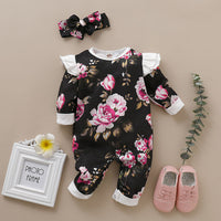 Load image into Gallery viewer, Baby Girls Flower Print Jumpsuits Headwear Wholesale 220510125
