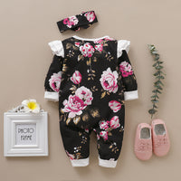Load image into Gallery viewer, Baby Girls Flower Print Jumpsuits Headwear Wholesale 220510125
