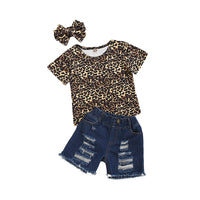 Load image into Gallery viewer, 3 Pieces Set Baby Kid Girls Leopard T-Shirts Ripped Shorts And Bow Headwear Wholesale 220510128
