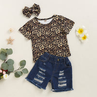 Load image into Gallery viewer, 3 Pieces Set Baby Kid Girls Leopard T-Shirts Ripped Shorts And Bow Headwear Wholesale 220510128
