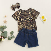 Load image into Gallery viewer, 3 Pieces Set Baby Kid Girls Leopard T-Shirts Ripped Shorts And Bow Headwear Wholesale 220510128
