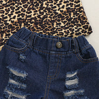 Load image into Gallery viewer, 3 Pieces Set Baby Kid Girls Leopard T-Shirts Ripped Shorts And Bow Headwear Wholesale 220510128
