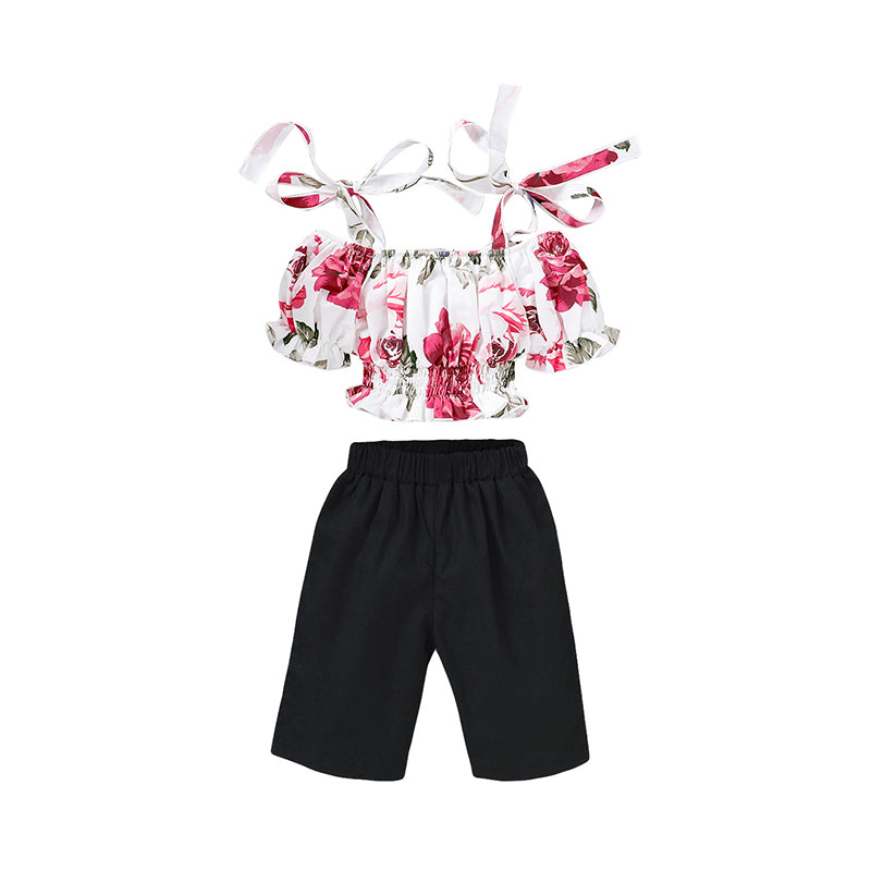 2 Pieces Set Baby Kid Girls Flower Print Tops And Solid Color Pants Wholesale 220510132